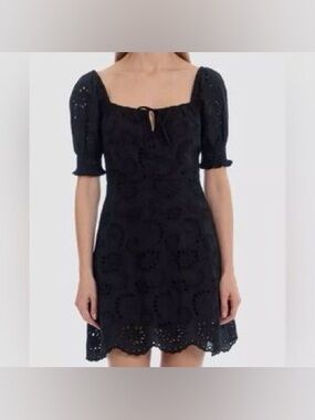 7 For All Mankind Black Eyelet Mini Dress Puff Sleeve Size Medium